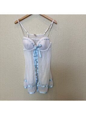 Inner Secrets Women’s Lingerie Cami White Blue Bridal Honeymoon Large Open Front